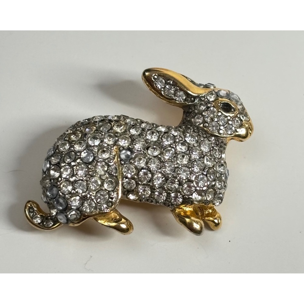 Vintage KJL Brooch Bunny Rabbit Pave Rhinestone Pin Gold Tone Missing Eye